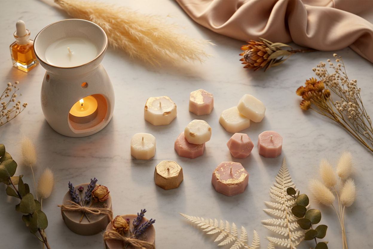 Wax melts, quemador cerámico y velas artesanales sobre mármol con flores secas y luz dorada