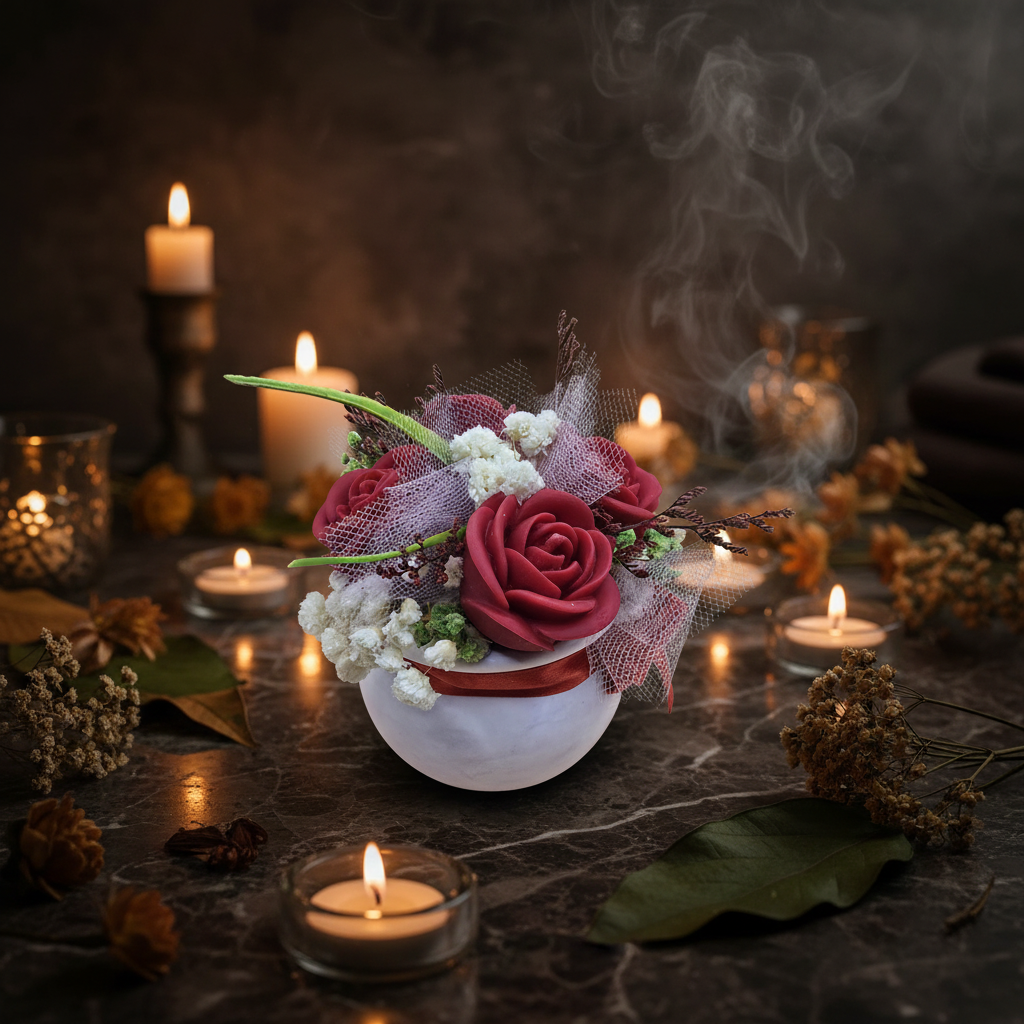 Centro floral wax melts flor de diosa - escenario spa oscuro