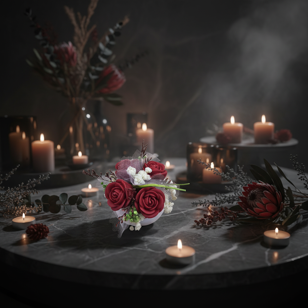 Centro floral wax melts flor de diosa - escenario spa oscuro
