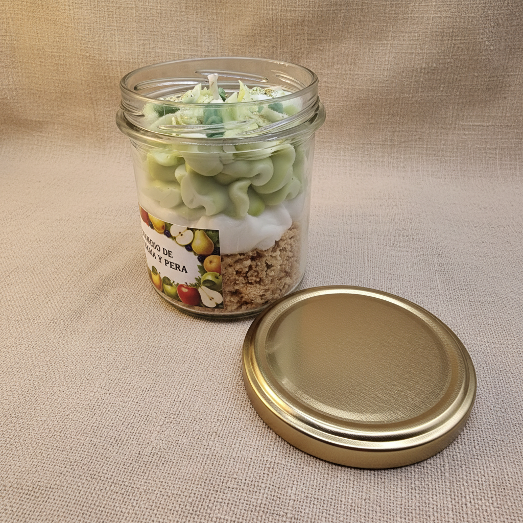 Vela en tarro de cristal y tapa metálica aroma cremoso de manzana y pera