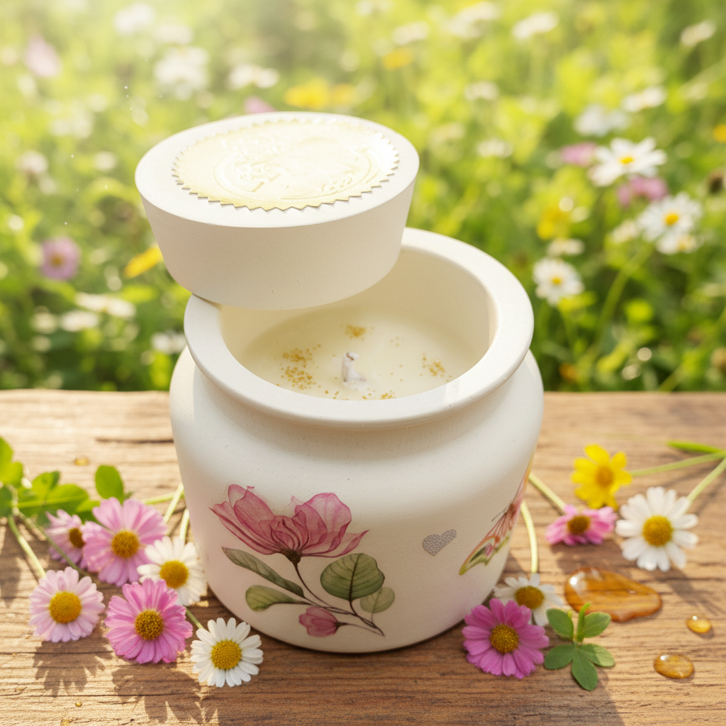 Vela artesanal en resina acrílica blanca con flores rosas - fondo natural
