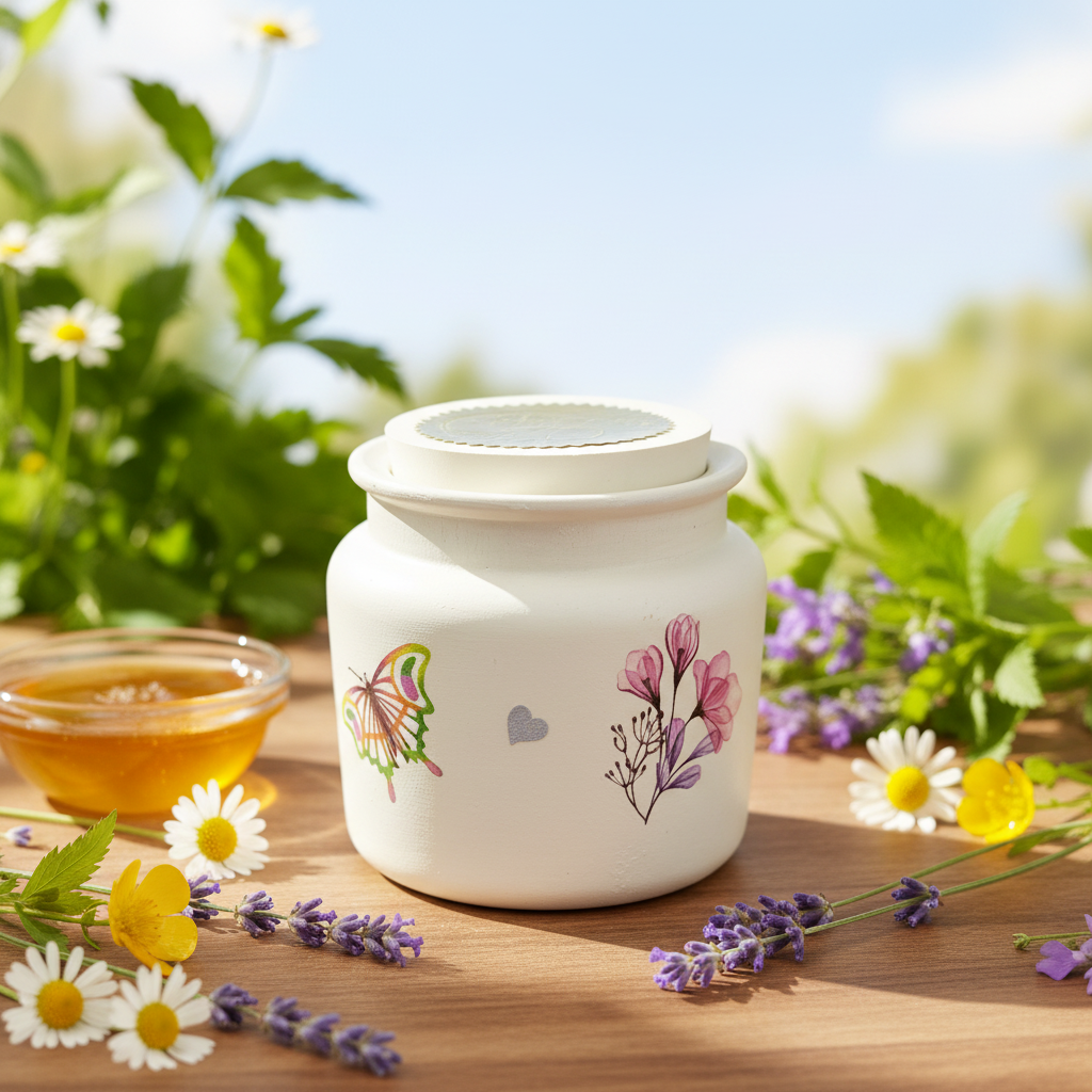 Vela artesanal en resina acrílica blanca con mariposas y flores - fondo natural