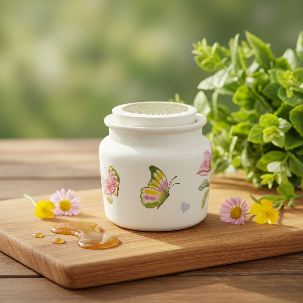 Vela artesanal en resina acrílica blanca con mariposas - fondo natural