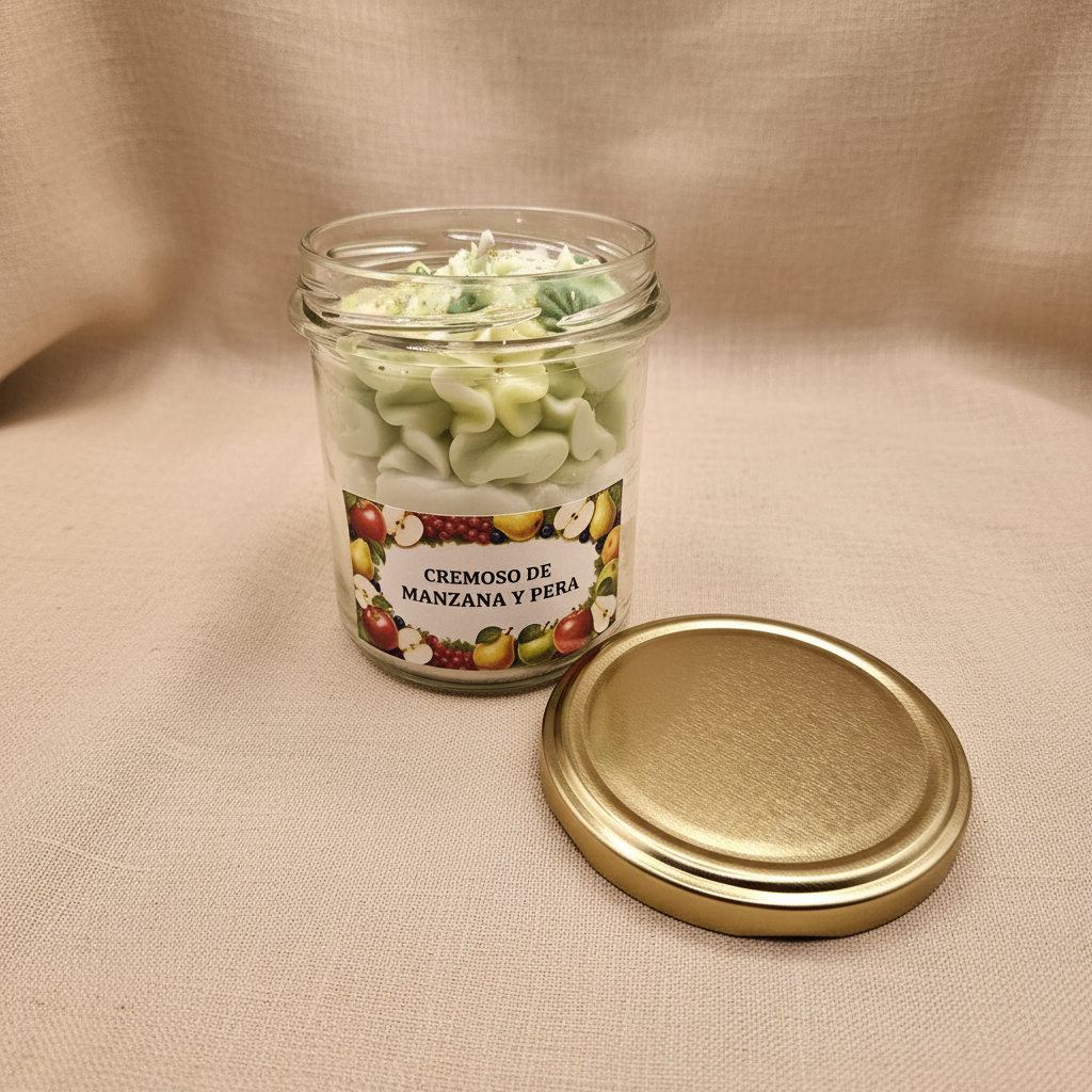 Vela en tarro de cristal y tapa metálica aroma cremoso de manzana y pera