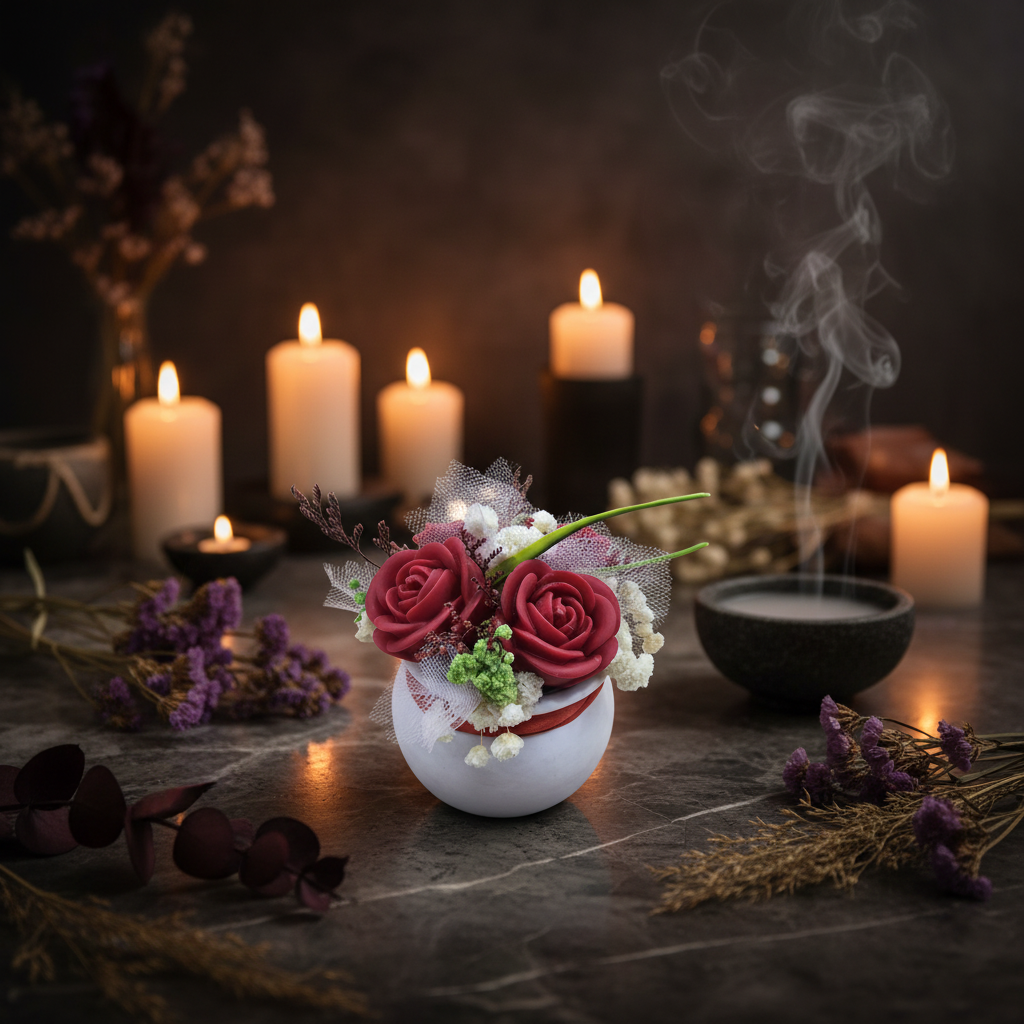 Centro floral wax melts flor de diosa - escenario spa oscuro