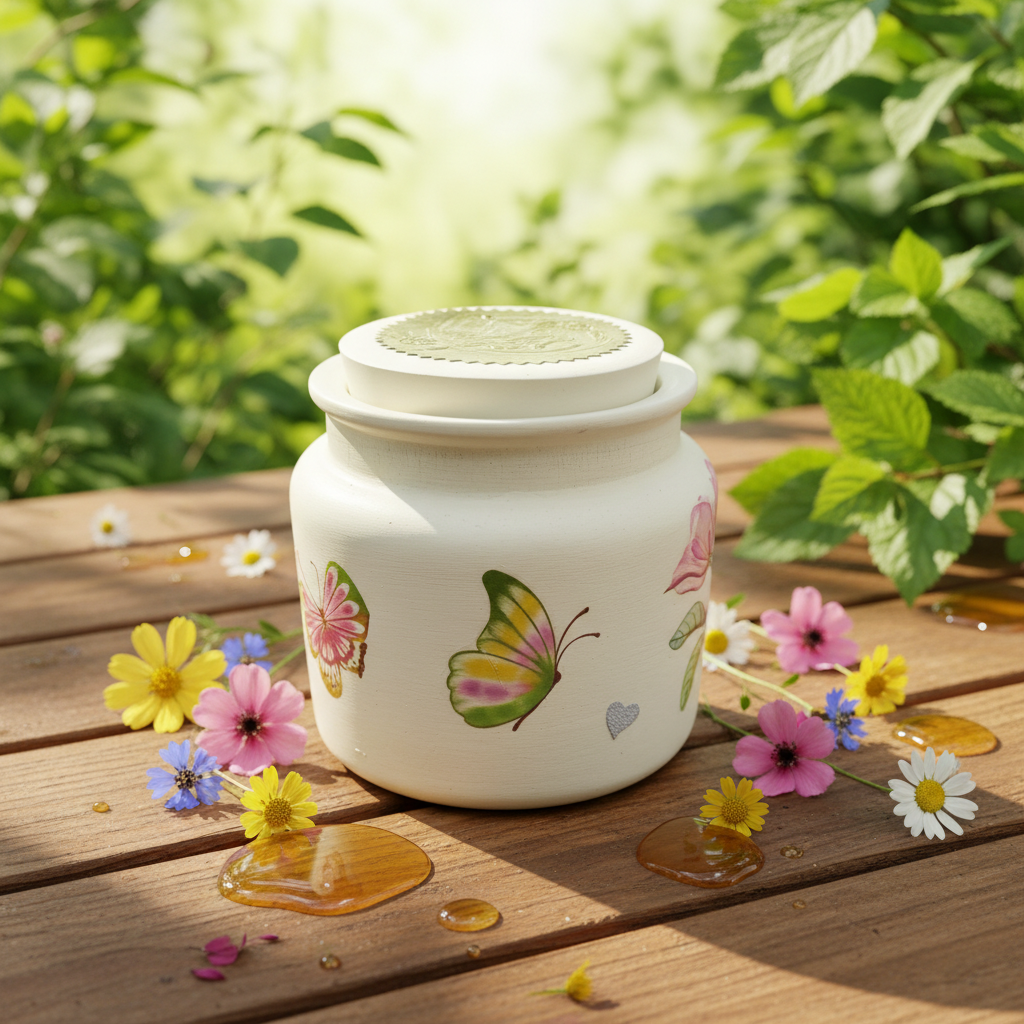 Vela artesanal en resina acrílica blanca con mariposas - fondo natural
